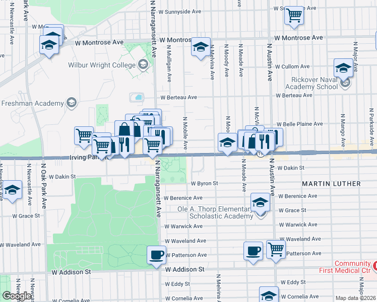 map of restaurants, bars, coffee shops, grocery stores, and more near 6309 West Cuyler Avenue in Chicago