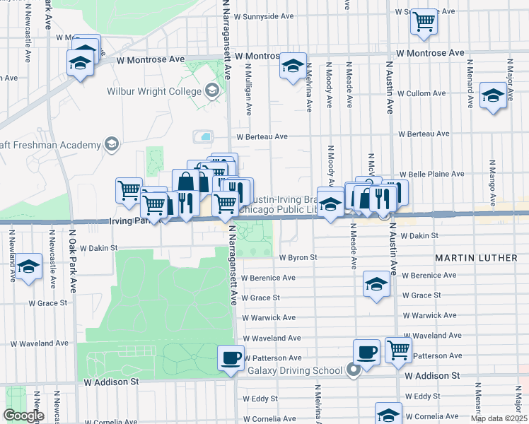 map of restaurants, bars, coffee shops, grocery stores, and more near 6309 West Cuyler Avenue in Chicago