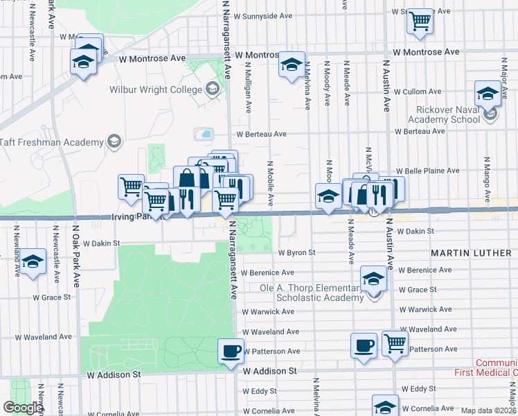 map of restaurants, bars, coffee shops, grocery stores, and more near 6309 West Cuyler Avenue in Chicago