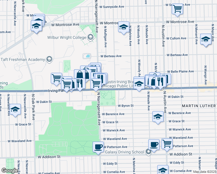 map of restaurants, bars, coffee shops, grocery stores, and more near 6309 West Cuyler Avenue in Chicago