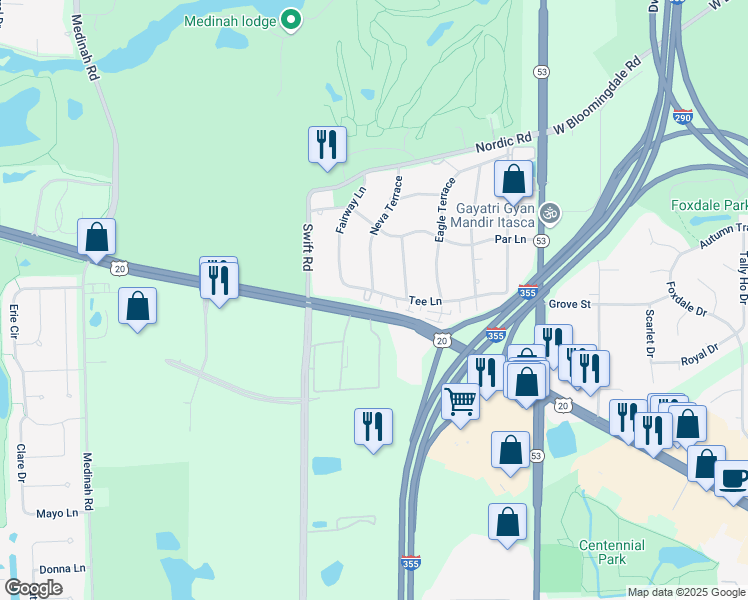 map of restaurants, bars, coffee shops, grocery stores, and more near 301 Tee Lane in Itasca