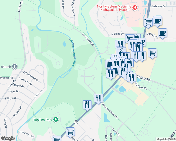 map of restaurants, bars, coffee shops, grocery stores, and more near 308 Greenwood Acres Drive in DeKalb