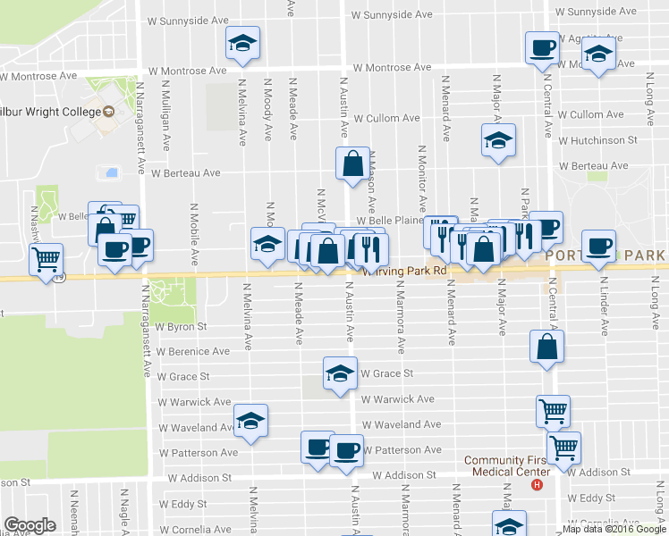 map of restaurants, bars, coffee shops, grocery stores, and more near 6016 West Irving Park Road in Chicago
