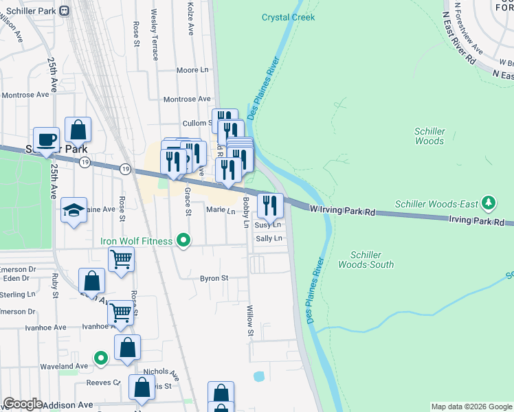 map of restaurants, bars, coffee shops, grocery stores, and more near 9227 Irving Park Road in Schiller Park