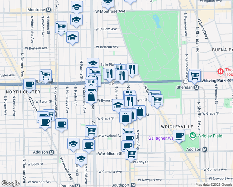 map of restaurants, bars, coffee shops, grocery stores, and more near 3934 North Janssen Avenue in Chicago