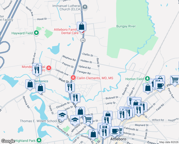 map of restaurants, bars, coffee shops, grocery stores, and more near 63 Upland Road in Attleboro