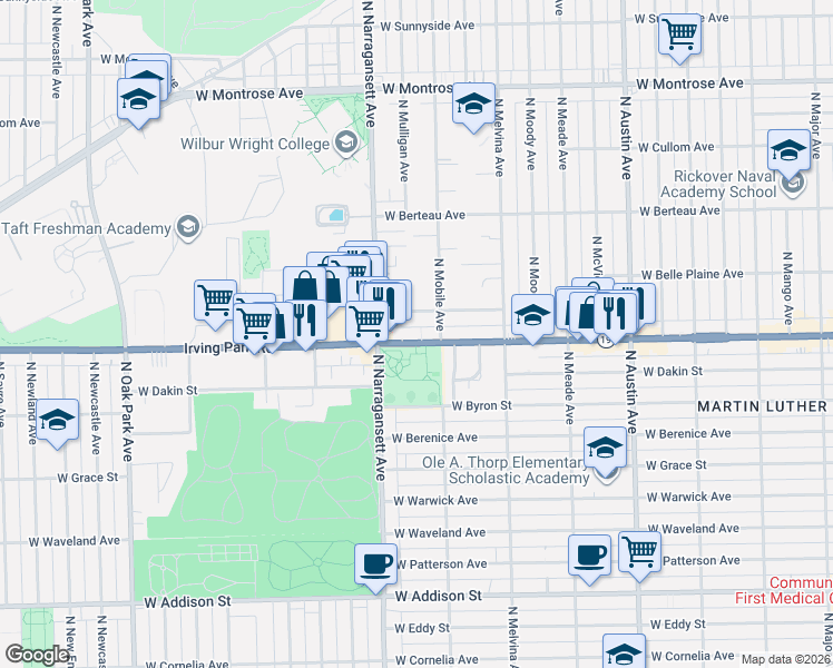 map of restaurants, bars, coffee shops, grocery stores, and more near 6309 West Cuyler Avenue in Chicago
