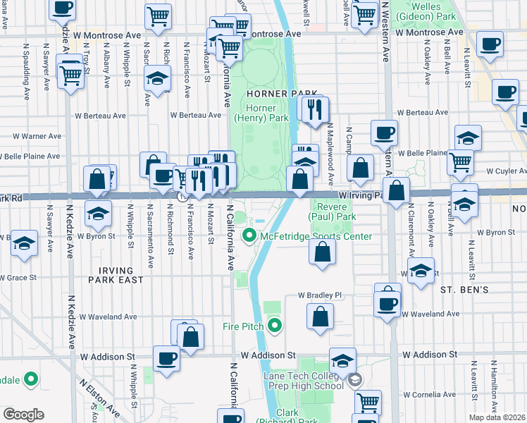 map of restaurants, bars, coffee shops, grocery stores, and more near 2701 West Dakin Street in Chicago