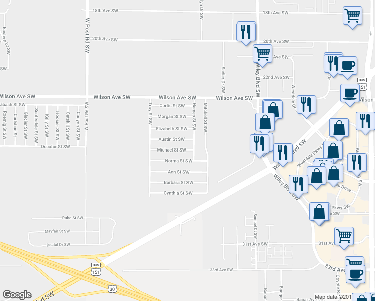 map of restaurants, bars, coffee shops, grocery stores, and more near 103 Michael Street Southwest in Cedar Rapids