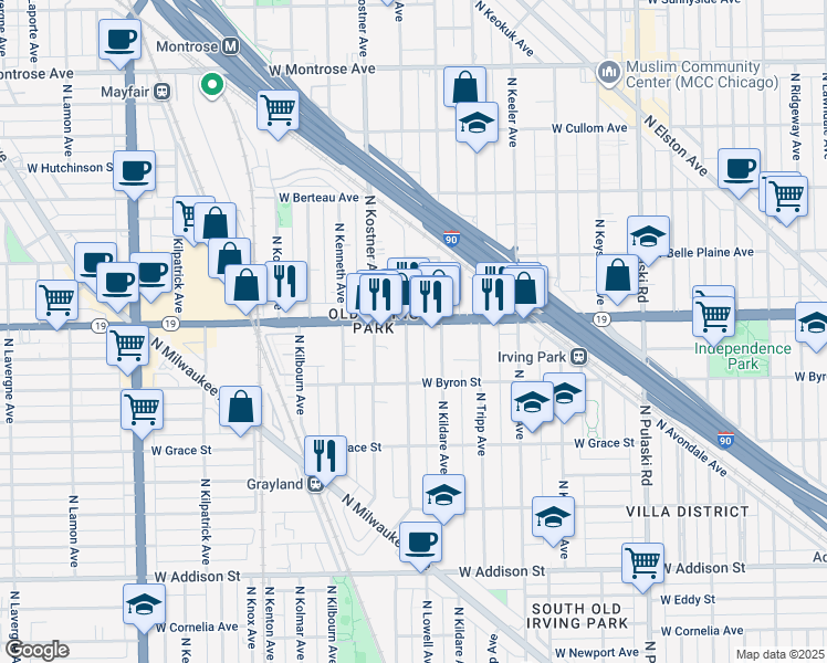map of restaurants, bars, coffee shops, grocery stores, and more near 4323 Irving Park Road in Chicago