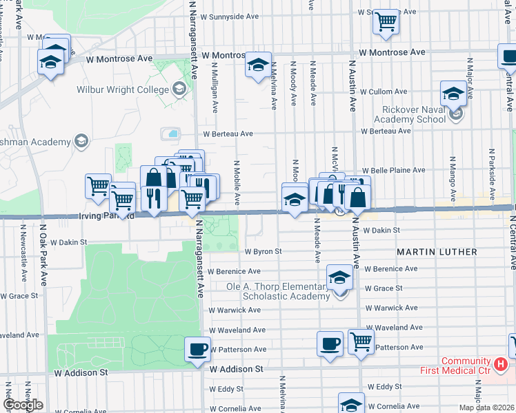 map of restaurants, bars, coffee shops, grocery stores, and more near 6233 West Cuyler Avenue in Chicago