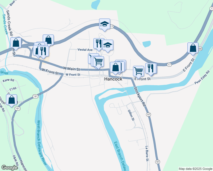 map of restaurants, bars, coffee shops, grocery stores, and more near 38 Wheeler Street in Hancock
