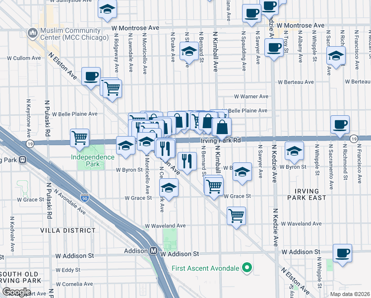 map of restaurants, bars, coffee shops, grocery stores, and more near 3515 West Irving Park Road in Chicago
