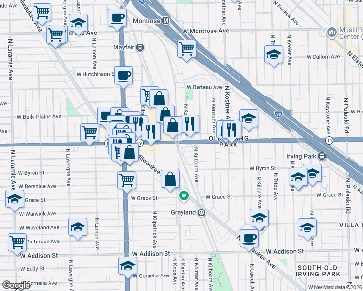 map of restaurants, bars, coffee shops, grocery stores, and more near 4543 Illinois 19 in Chicago
