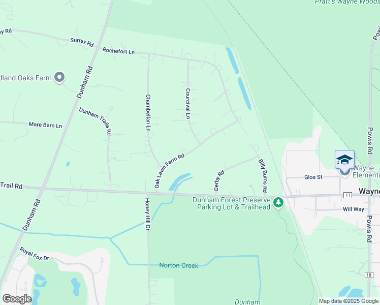 map of restaurants, bars, coffee shops, grocery stores, and more near Oak Lawn Farm Road in Wayne