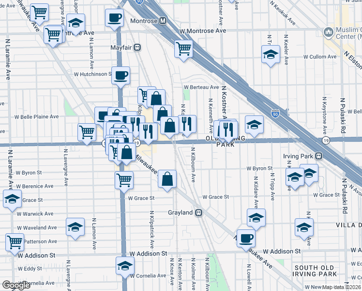 map of restaurants, bars, coffee shops, grocery stores, and more near 4535 West Irving Park Road in Chicago