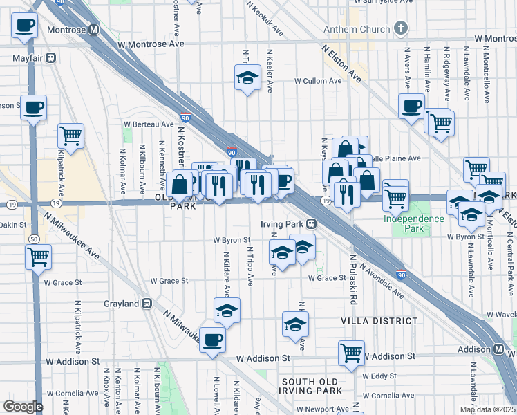 map of restaurants, bars, coffee shops, grocery stores, and more near 4223 Illinois 19 in Chicago