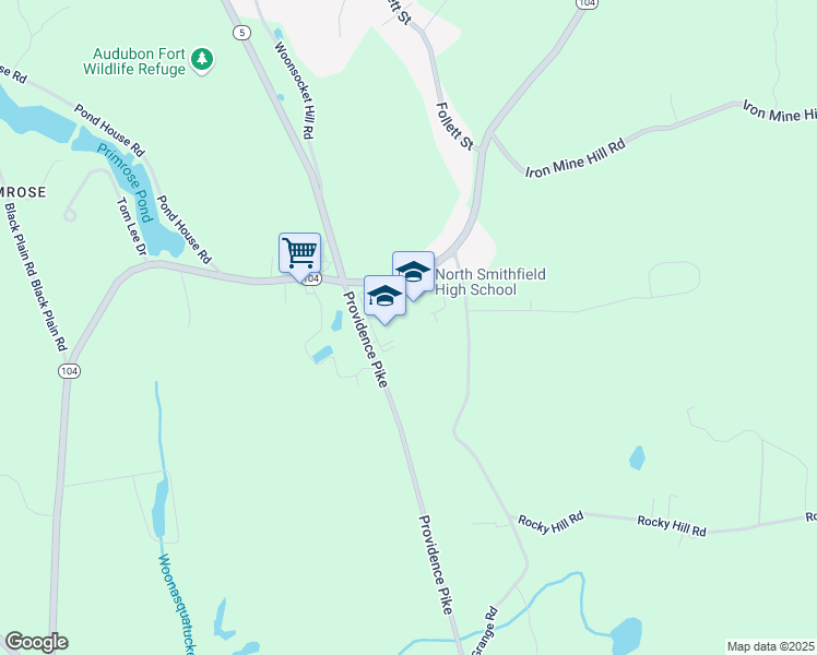 map of restaurants, bars, coffee shops, grocery stores, and more near 412 Greenville Road in North Smithfield