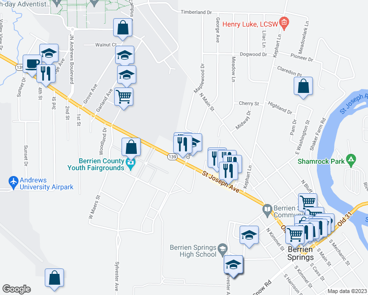 map of restaurants, bars, coffee shops, grocery stores, and more near 9124 George Avenue in Berrien Springs