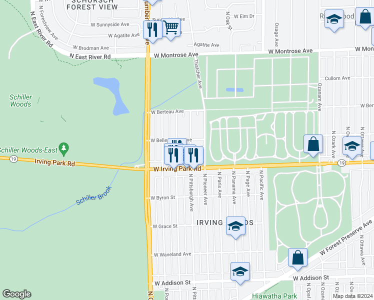map of restaurants, bars, coffee shops, grocery stores, and more near 4036 North Pittsburgh Avenue in Chicago