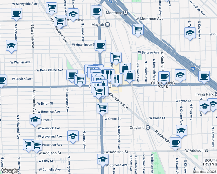 map of restaurants, bars, coffee shops, grocery stores, and more near 4715 West Irving Park Road in Chicago