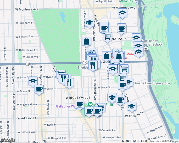 map of restaurants, bars, coffee shops, grocery stores, and more near 1021 West Dakin Street in Chicago