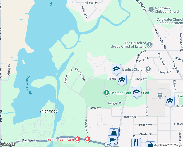 map of restaurants, bars, coffee shops, grocery stores, and more near 120 Medowridge Drive in Coldwater