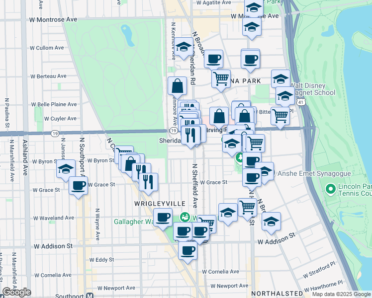 map of restaurants, bars, coffee shops, grocery stores, and more near 1022 West Dakin Street in Chicago