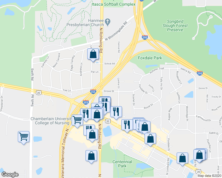 map of restaurants, bars, coffee shops, grocery stores, and more near 20W520 Grove Street in Itasca