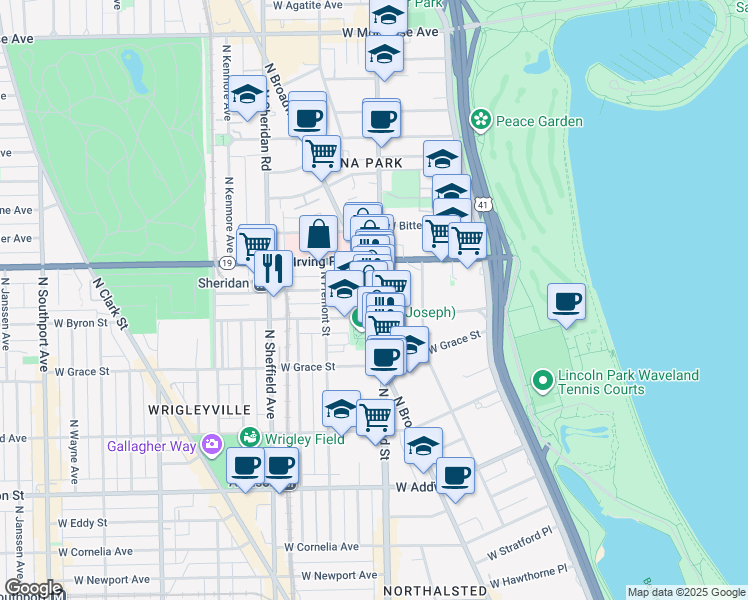 map of restaurants, bars, coffee shops, grocery stores, and more near 3918 North Broadway Street in Chicago