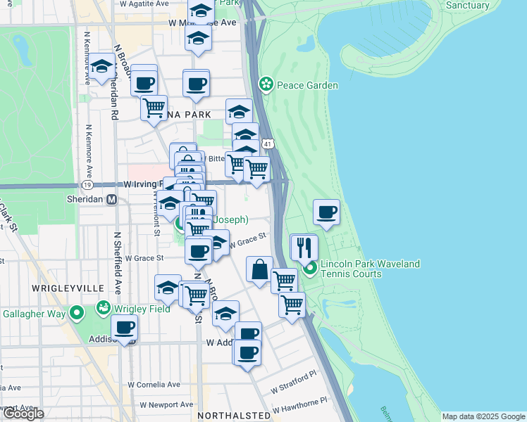 map of restaurants, bars, coffee shops, grocery stores, and more near 3900 North Lake Shore Drive in Chicago