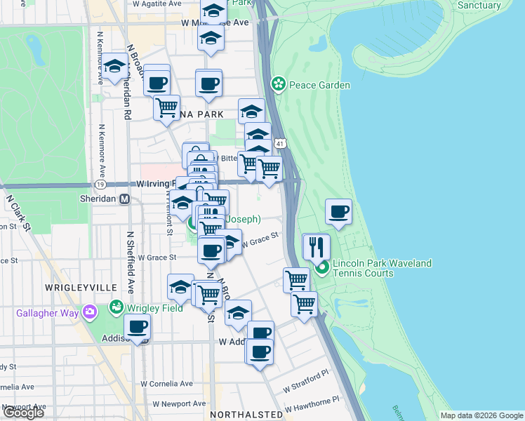 map of restaurants, bars, coffee shops, grocery stores, and more near 638 West Sheridan Road in Chicago