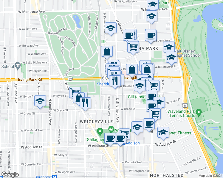 map of restaurants, bars, coffee shops, grocery stores, and more near 1022 West Dakin Street in Chicago
