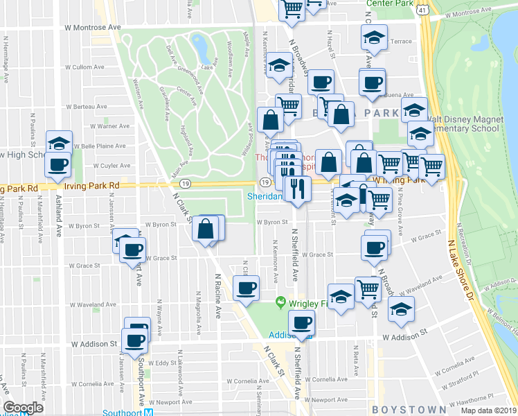 map of restaurants, bars, coffee shops, grocery stores, and more near 1059 West Dakin Street in Chicago