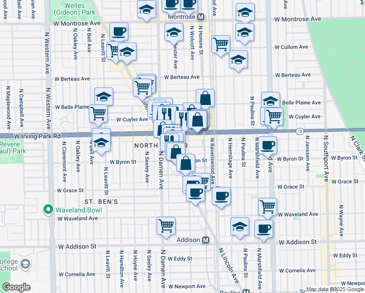 map of restaurants, bars, coffee shops, grocery stores, and more near 1900 West Larchmont Avenue in Chicago