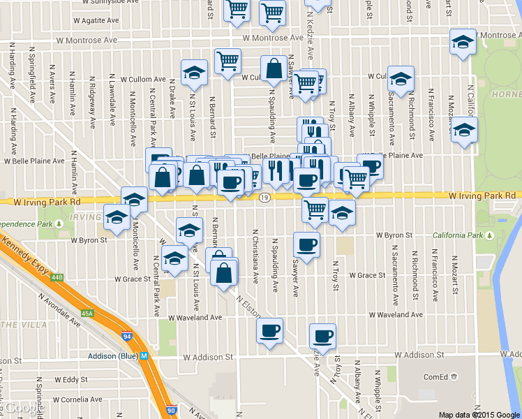 map of restaurants, bars, coffee shops, grocery stores, and more near 3309 Irving Park Road in Chicago