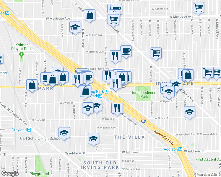 map of restaurants, bars, coffee shops, grocery stores, and more near 4039 Irving Park Road in Chicago