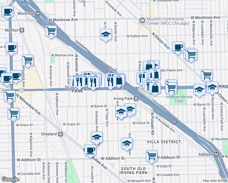 map of restaurants, bars, coffee shops, grocery stores, and more near 4223 Illinois 19 in Chicago