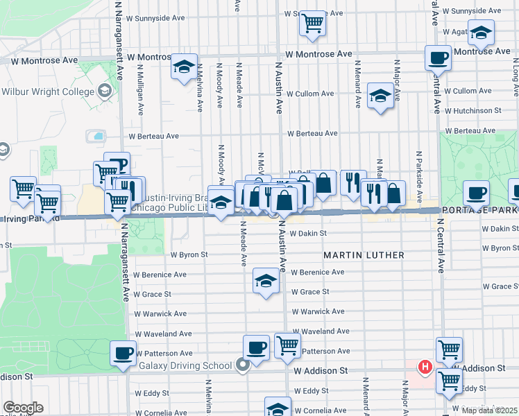 map of restaurants, bars, coffee shops, grocery stores, and more near 4014 North McVicker Avenue in Chicago