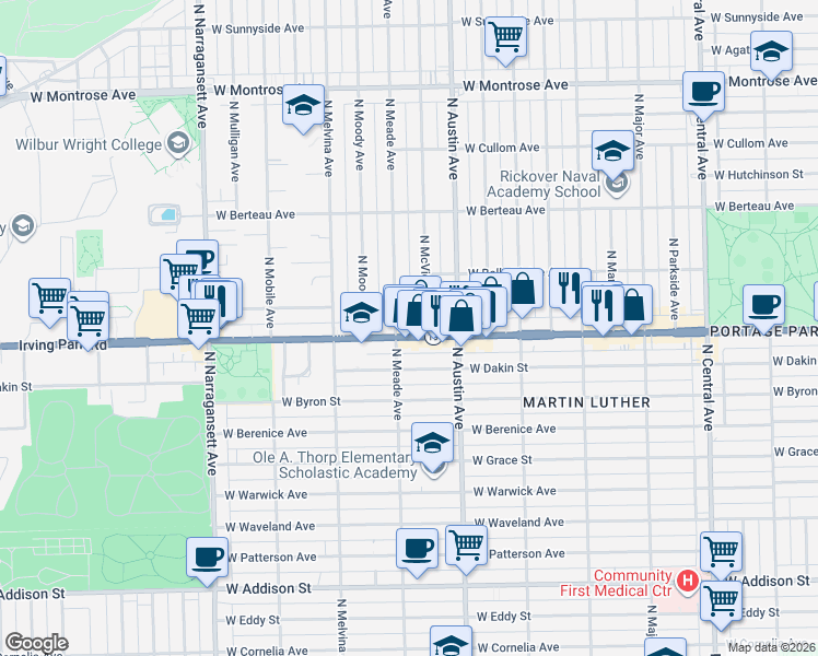 map of restaurants, bars, coffee shops, grocery stores, and more near 4014 North McVicker Avenue in Chicago