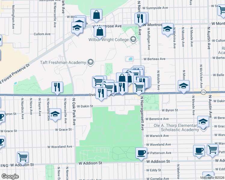 map of restaurants, bars, coffee shops, grocery stores, and more near 6530 Irving Park Road in Chicago