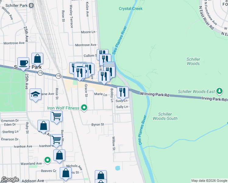 map of restaurants, bars, coffee shops, grocery stores, and more near 9305 Irving Park Road in Schiller Park