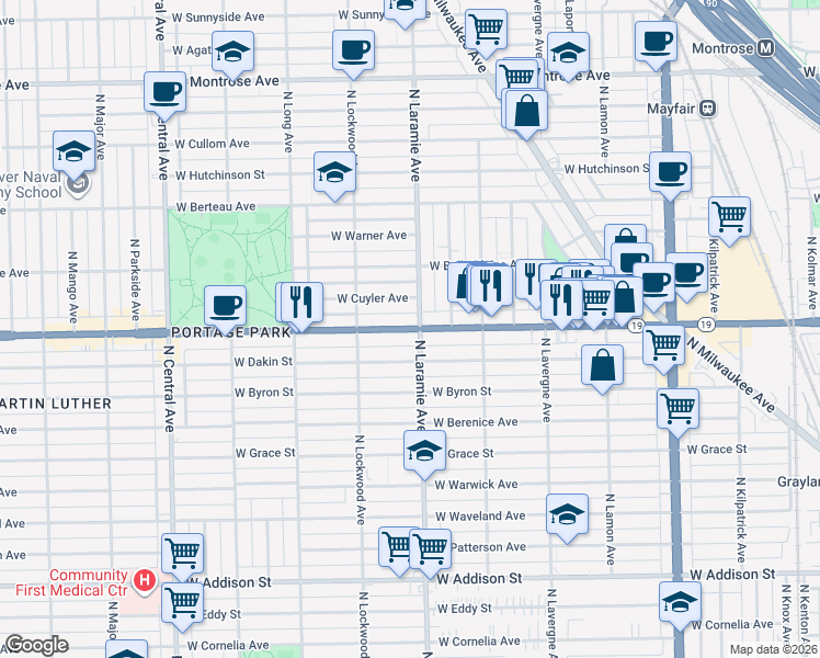 map of restaurants, bars, coffee shops, grocery stores, and more near 5206 West Irving Park Road in Chicago