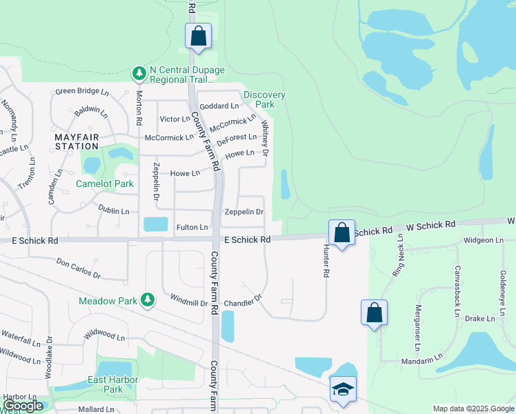 map of restaurants, bars, coffee shops, grocery stores, and more near 1704 Zeppelin Drive in Hanover Park