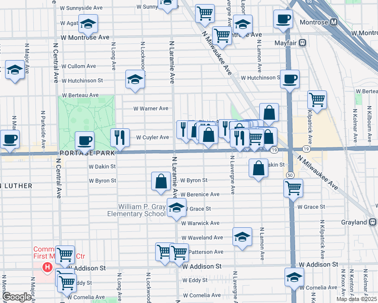 map of restaurants, bars, coffee shops, grocery stores, and more near Irving Park Road in Chicago