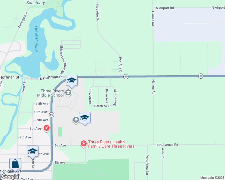 map of restaurants, bars, coffee shops, grocery stores, and more near 1127 Blossom Drive in Three Rivers