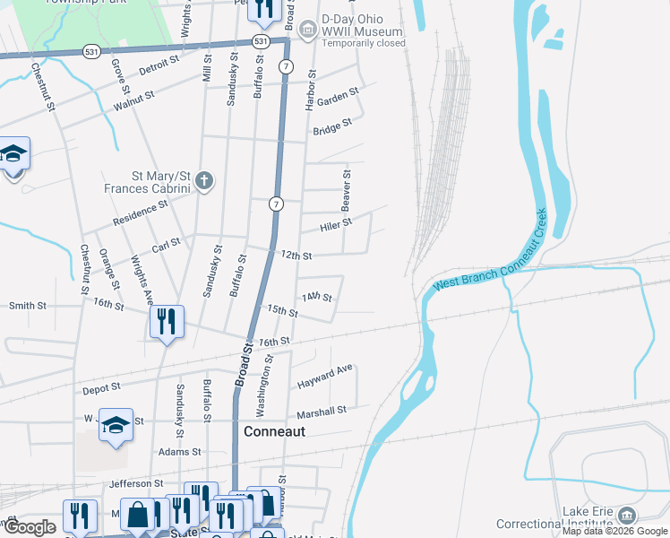 map of restaurants, bars, coffee shops, grocery stores, and more near 152 Carnegie Street in Conneaut