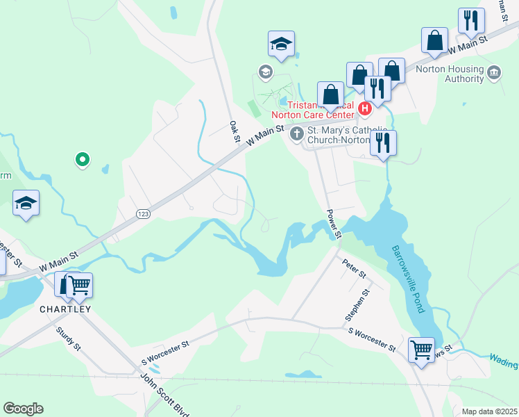 map of restaurants, bars, coffee shops, grocery stores, and more near 1 Country Circle in Norton