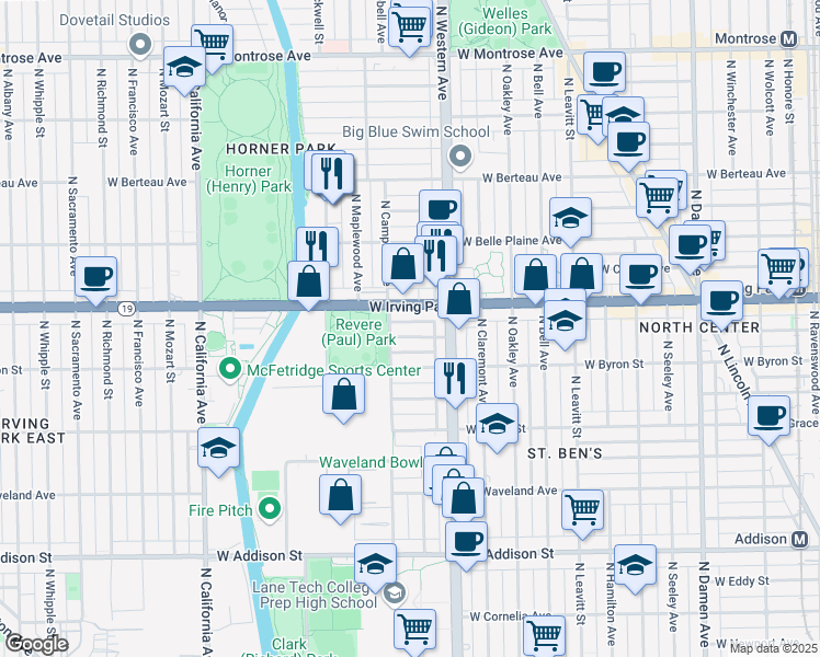 map of restaurants, bars, coffee shops, grocery stores, and more near 2440 West Dakin Street in Chicago