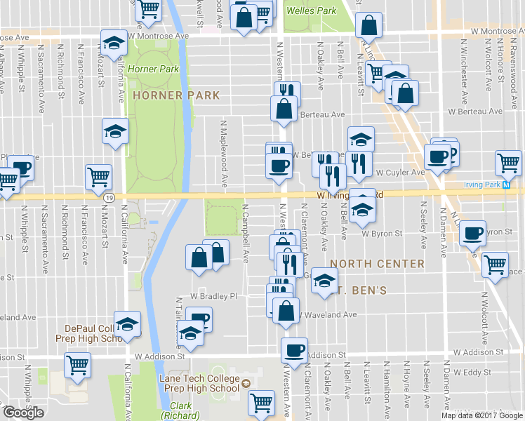 map of restaurants, bars, coffee shops, grocery stores, and more near 2432 West Dakin Street in Chicago
